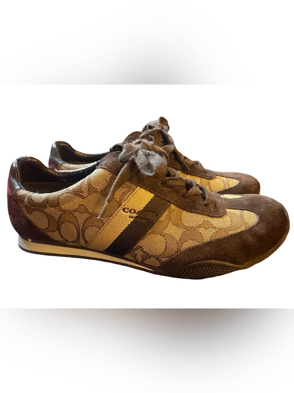 Coach Brown Signature Canvas and Suede Lace-Up Sneakers Women’s Size 9
